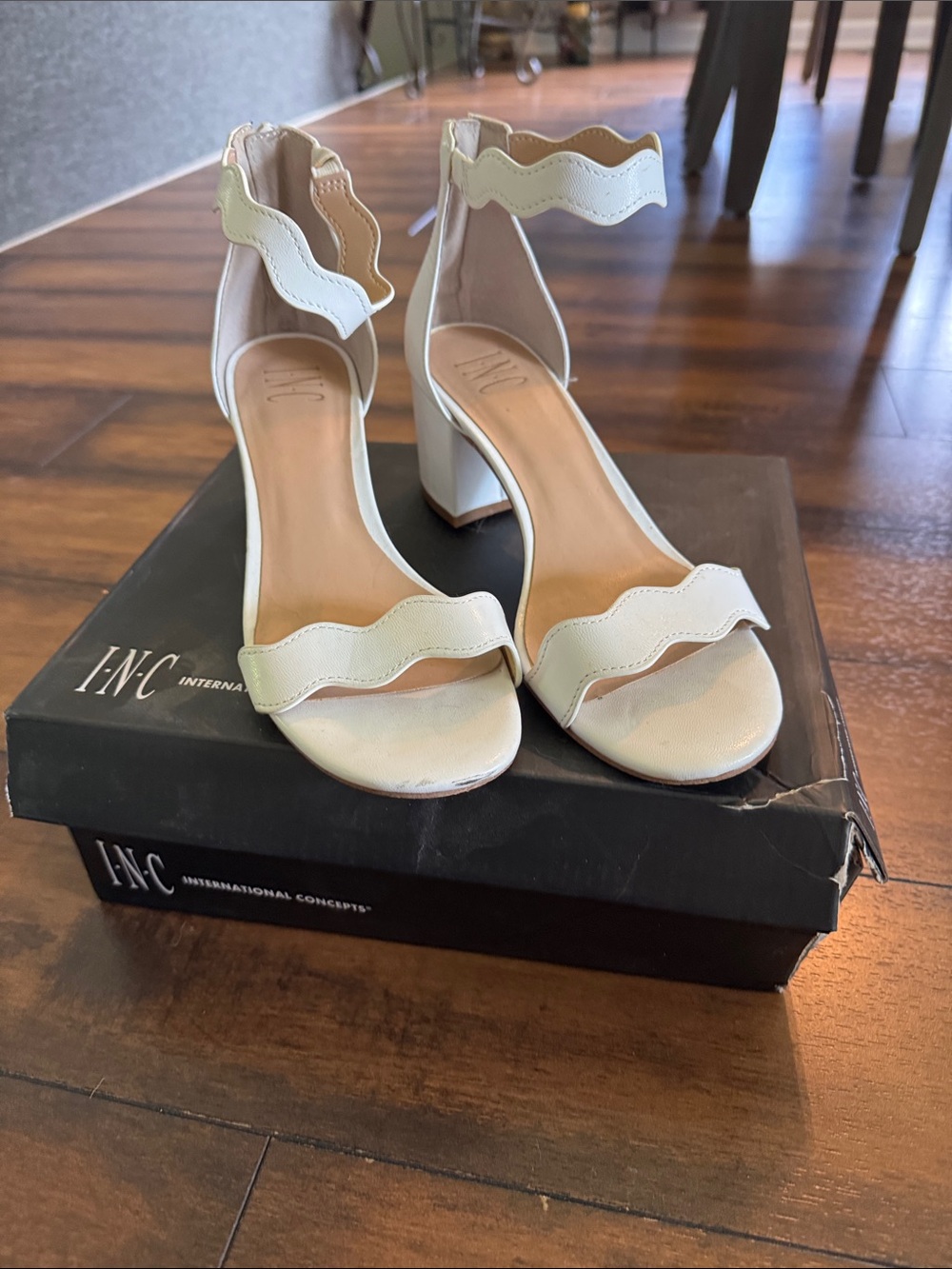 INC International Concepts Scalloped Ankle-Strap Block Heels in Cream
